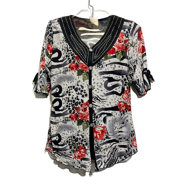 Design Works Petite Blouse Womens Size Small Petite Red Black Rose Animal Print - Picture 1 of 16
